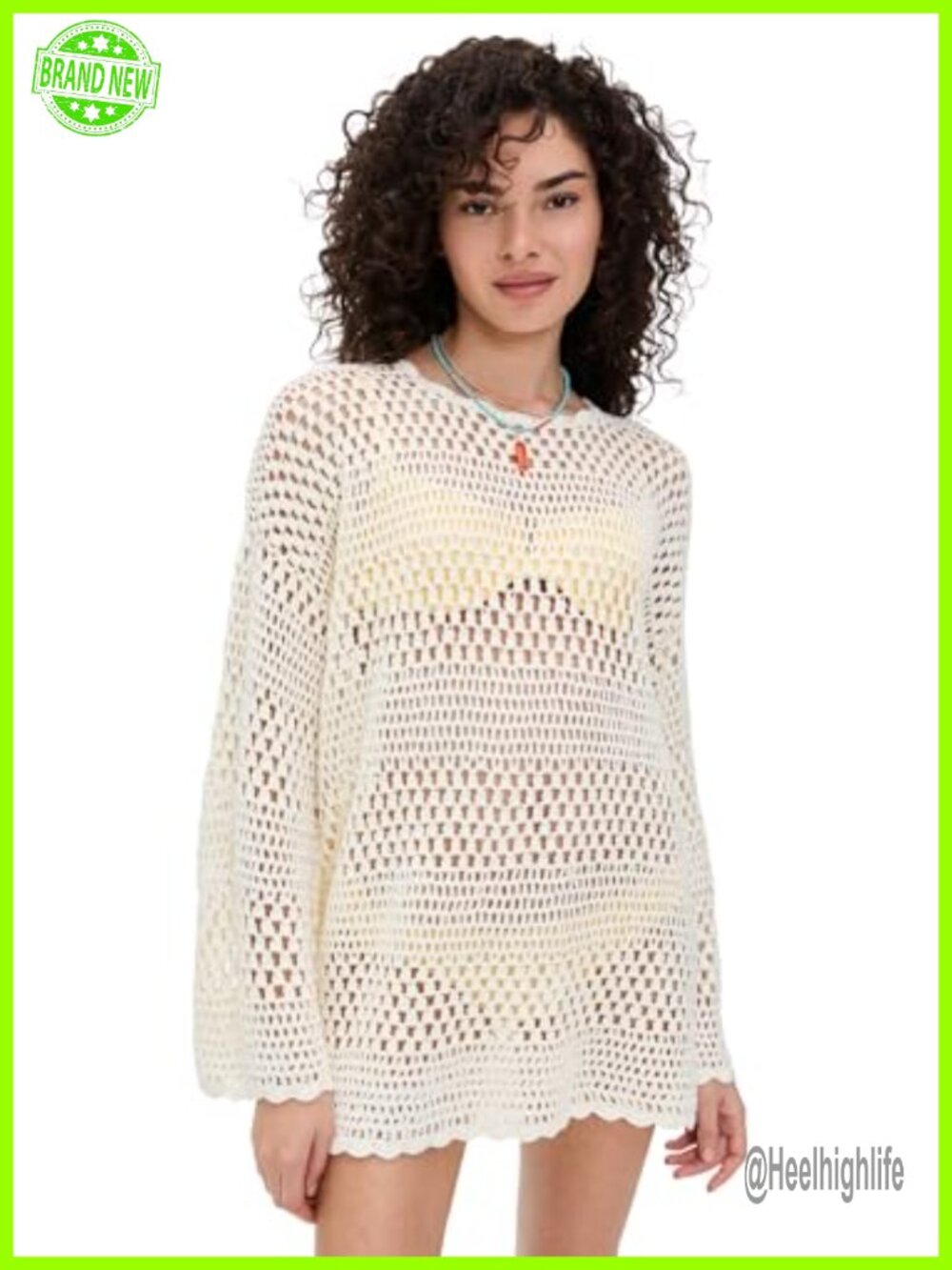 Women's Loose Crochet Pullover Sweater Bell Sleeve Crew Neck Long Sleeve